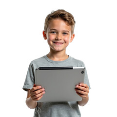 young boy or student holding a tablet in transparent background