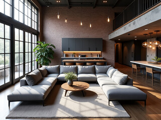 Modern living room design urban apartment interior image bright environment wide angle view