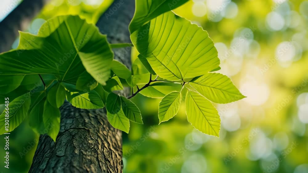 Poster tree trunk and green leaves with sunlight from below in forest nature setting capturing tranquil env