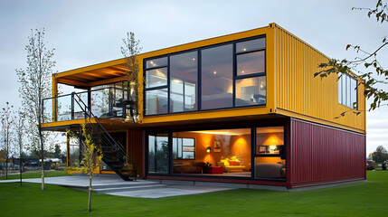 Fototapeta premium Photo Modern Shipping Container Home Architecture Design House Building Residential Structure Contemporary Prefab Modular Eco-Friendly Sustainable Living Green Grass Lawn Yard Landscape