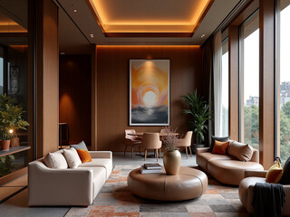 Modern living room design with sunset view urban apartment interior photography cozy atmosphere