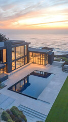 Fototapeta premium Photo Modern Coastal Home Sunset Ocean View Pool Architecture Luxury Design