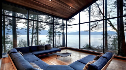 Fototapeta premium Photo - Secluded Lakeside Retreat Cabin Interior Design with Panoramic Nature Views