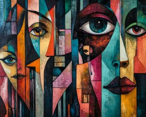 Abstract surrealism depicting cubist faces with large eyes, with vibrant warm tones.