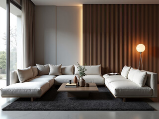 Modern living room design cozy home interior furniture minimalist aesthetics bright environment