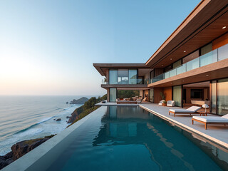Fototapeta premium Modern architectural villa with infinity pool overlooking the ocean at sunset