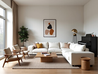 Modern living room design cozy apartment interior image minimalist environment wide view