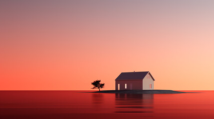 A solitary house and tree stand against a vivid orange sunset, with a lone figure walking nearby, creating a serene and minimalist landscape.
