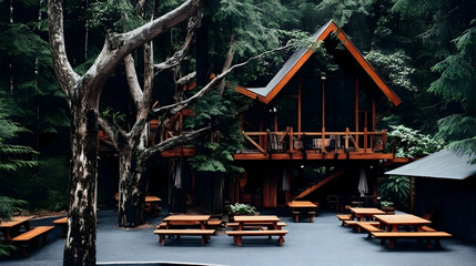 Obraz premium Photo Cabin in the Woods Tranquil Forest Retreat Rainy Day Getaway