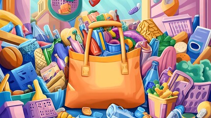 Vibrant Grocery Tote Illustration: A Colorful Overflow of Food Items in a City Setting AI Generated