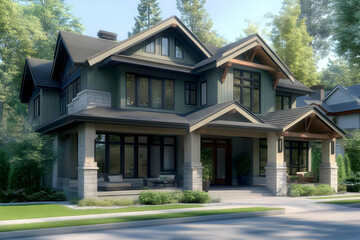 Naklejka premium Illustration Modern Green Suburban Home Exterior Daytime Scene
