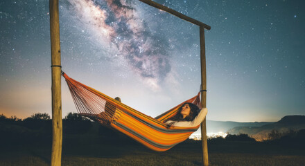 Fototapeta premium Young female relaxing in hammock under milky way night sky