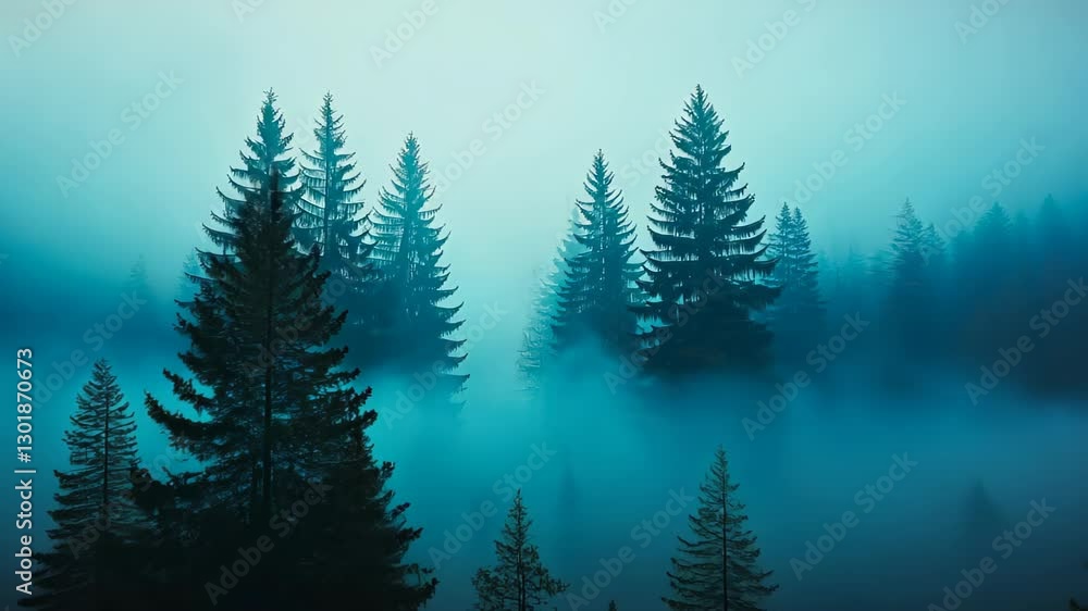 Poster mystical dark foggy forest pathway with tall evergreen trees and dense blue mist creating an eerie a