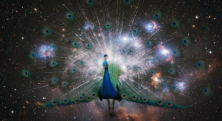 Peacock Displaying Feathers Against a Stunning Starry Galaxy Backdrop