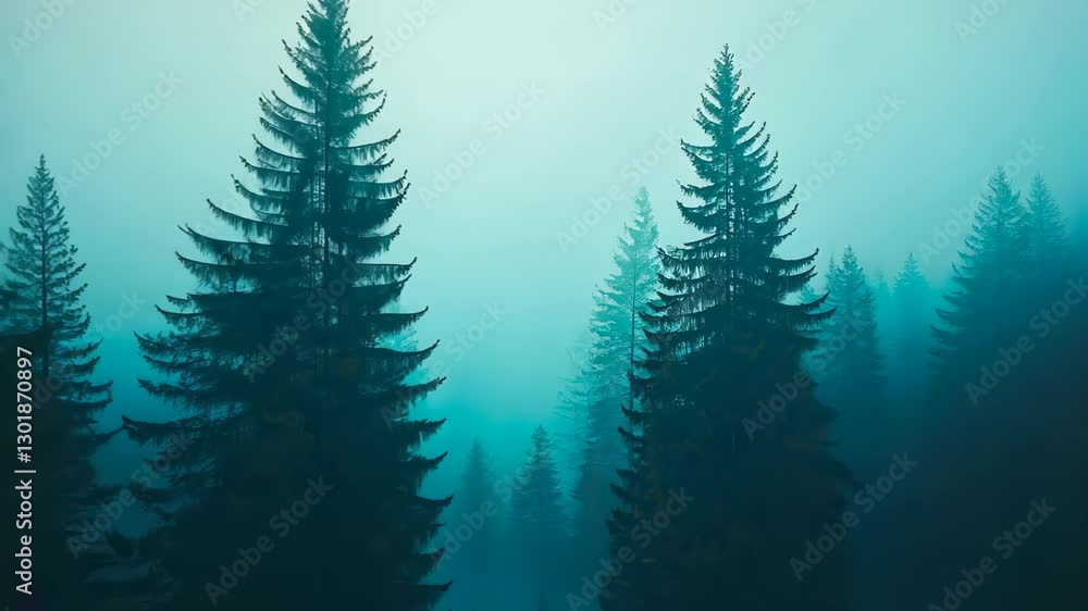 Poster mystical dark foggy forest pathway with tall evergreen trees and dense blue mist creating an eerie a
