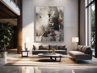 Interior design of modern hotel lobby with a large square photograph on wall. 