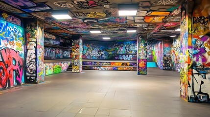Fototapeta premium Colorful Graffiti Art on Urban Walls and Columns in Interior Space