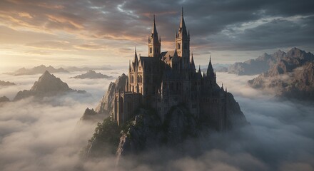 Majestic Castle on Mountain Peak Surrounded by Misty Clouds at Sunset