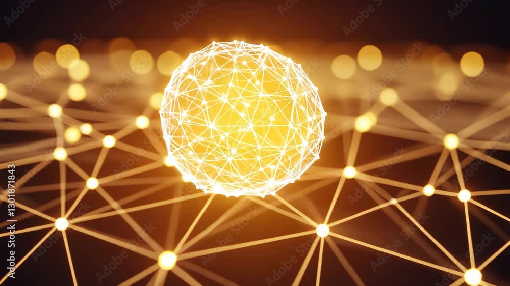 Poster glowing geometric sphere of interconnected lines and nodes in futuristic abstract network technology
