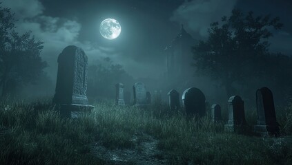 Foggy Graveyard at Night Under a Full Moon