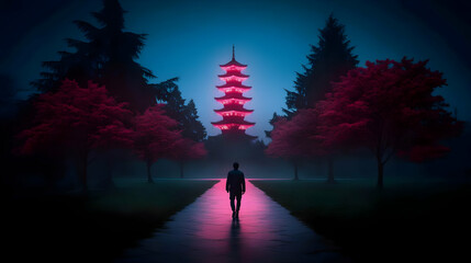 Illustration - Neon Pagoda Night Walk, Tranquil Path, Mystical Journey