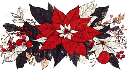 Elegant Red Poinsettia & Winter Berry Botanical Illustration AI Generated