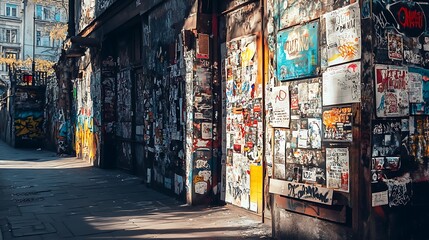 Fototapeta premium Exploring an Urban Alleyway Covered in Posters and Graffiti Art