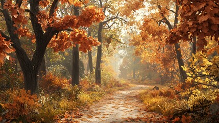 Fototapeta premium Autumnal Forest Path with Golden Leaves and Misty Sunlight