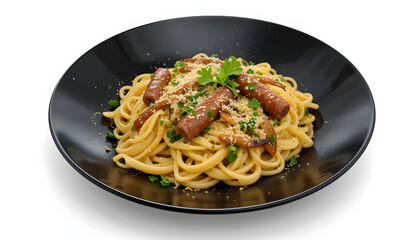 A plate of spaghetti with meatballs garnished with fresh basil and grated cheese on a black dish