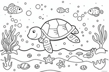 A playful turtle swimming among fish and coral in a vibrant underwater scene