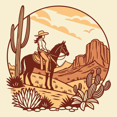 vector a western cowgirl on horseback standing at a desert landscape, cacti, desert flowers, and  mountains, during sunset,  for a t-shirt design