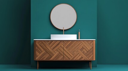 Modern Wooden Vanity in Teal Room: 3D Bathroom Design Render AI Generated