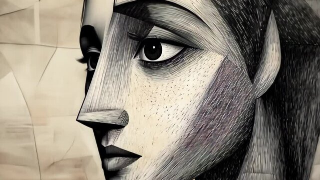 Abstract Portrait of a Woman in Black and White With Cubist Style Unique Artistry and Geometric Shapes on a Light Background