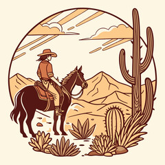 vector a western cowgirl on horseback standing at a desert landscape, cacti, desert flowers, and  mountains, during sunset,  for a t-shirt design