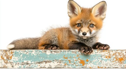 Obraz premium Adorable red fox kit rests, lies on a vintage distressed surface. Commercial use