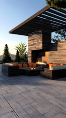 3D Illustration Modern Patio Design with Fireplace, Sunset View, and Outdoor Furniture