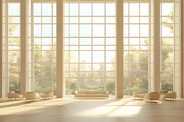 Fototapeta premium 3D Illustration Modern Minimalist Living Room Interior Design with Large Windows and Sunlight