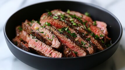 Sliced grilled steak topped with parsley and spices in black bowl