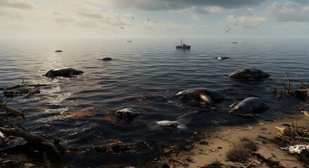 Naklejka premium Seascape with Dark Water Floating Debris and Distant Fishing Boat