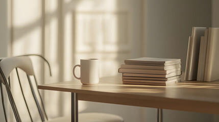 Serene Study Space Coffee Mug, Books, and Sunlight