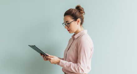 Fototapeta premium Young caucasian female professional reviewing documents on tablet against light blue background