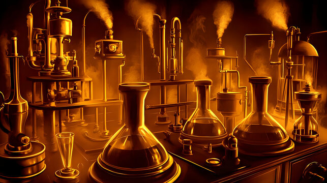 Illustration of Antique Chemistry Lab Apparatus, Beakers, Flasks