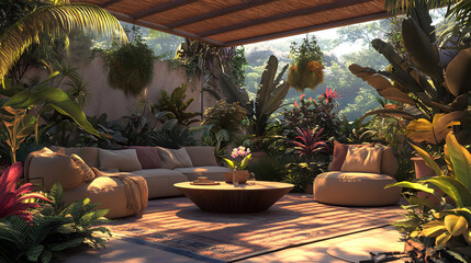 Obraz premium Serene Tropical Patio Oasis Luxurious Outdoor Lounge Furniture Amidst Lush Greenery