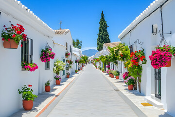 Fototapeta premium Photo White Village Street Flowers Summer Sky Architecture Travel Destination