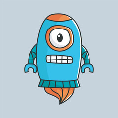 robot rocket cartoon character in outline flat vector design