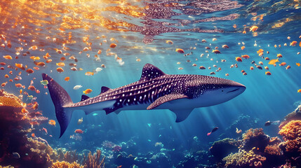 Fototapeta premium Illustration - Whale Shark Ocean Coral Reef Sunlight Fish Underwater Scene