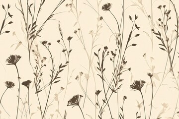Fototapeta premium Delicate floral pattern featuring various wildflowers on a soft beige background, ideal for design