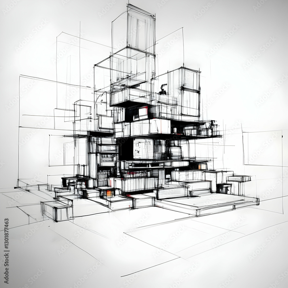 Poster illustration modern architecture sketch design structure building abstract lines creative perspectiv