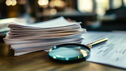 Close-Up of Documents and Magnifying Glass on Wooden Desk