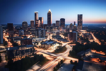 Fototapeta premium Photo Downtown Cityscape Night Skyline Architecture Urban Buildings Road Traffic